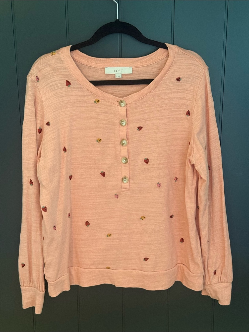 🍓 LOFT Women’s Embroidered Strawberry Henley Top Cottagecore - Size L